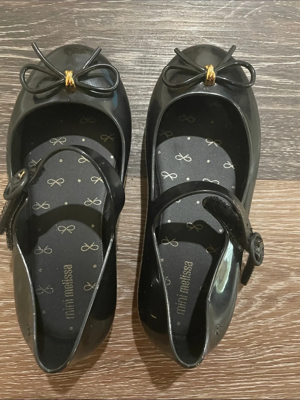 Mini Melissa Black Jelly Mary Jane Flats with Gold Accent